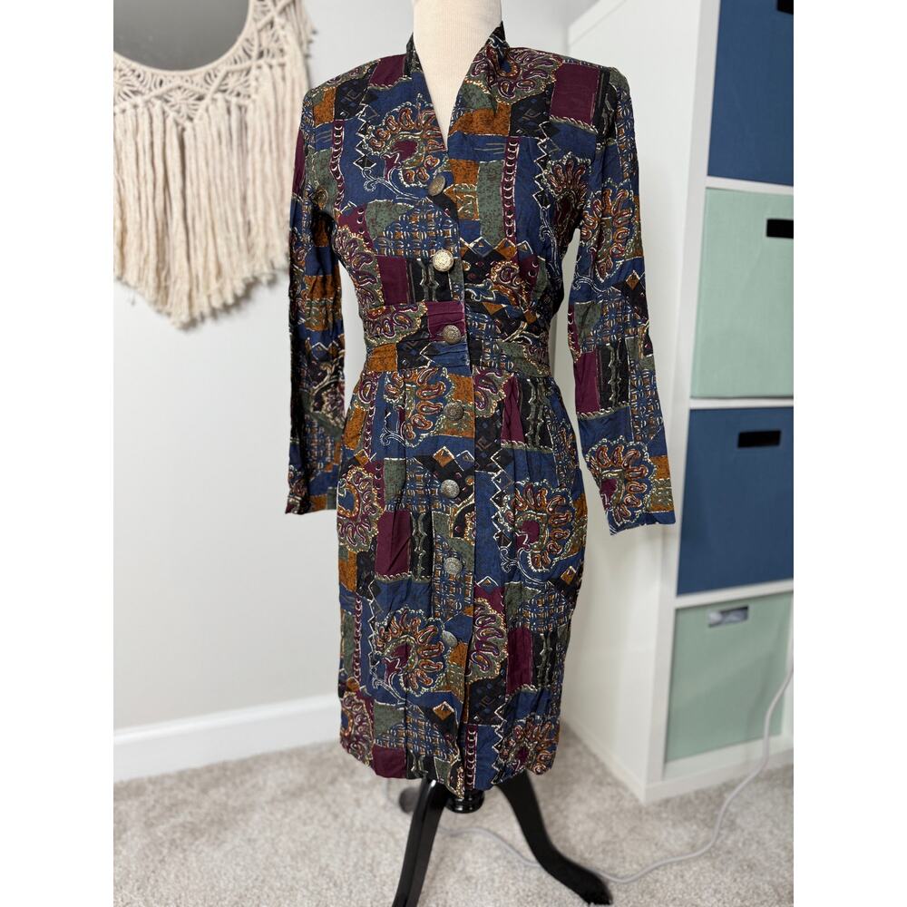 Women's Vintage Funky Retro Long-sleeved Patchwork Print Button Artsy Dress 6P